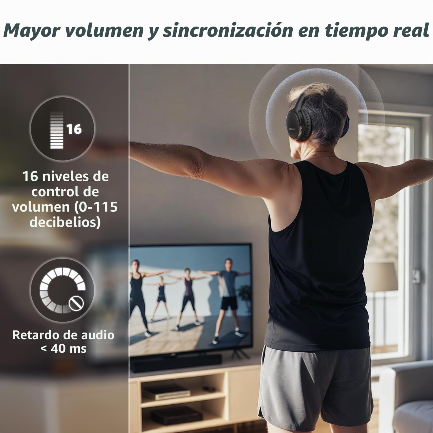 Holdsound Auriculares Inalámbricos para TV, Sin Retraso de Audio, 20 Horas