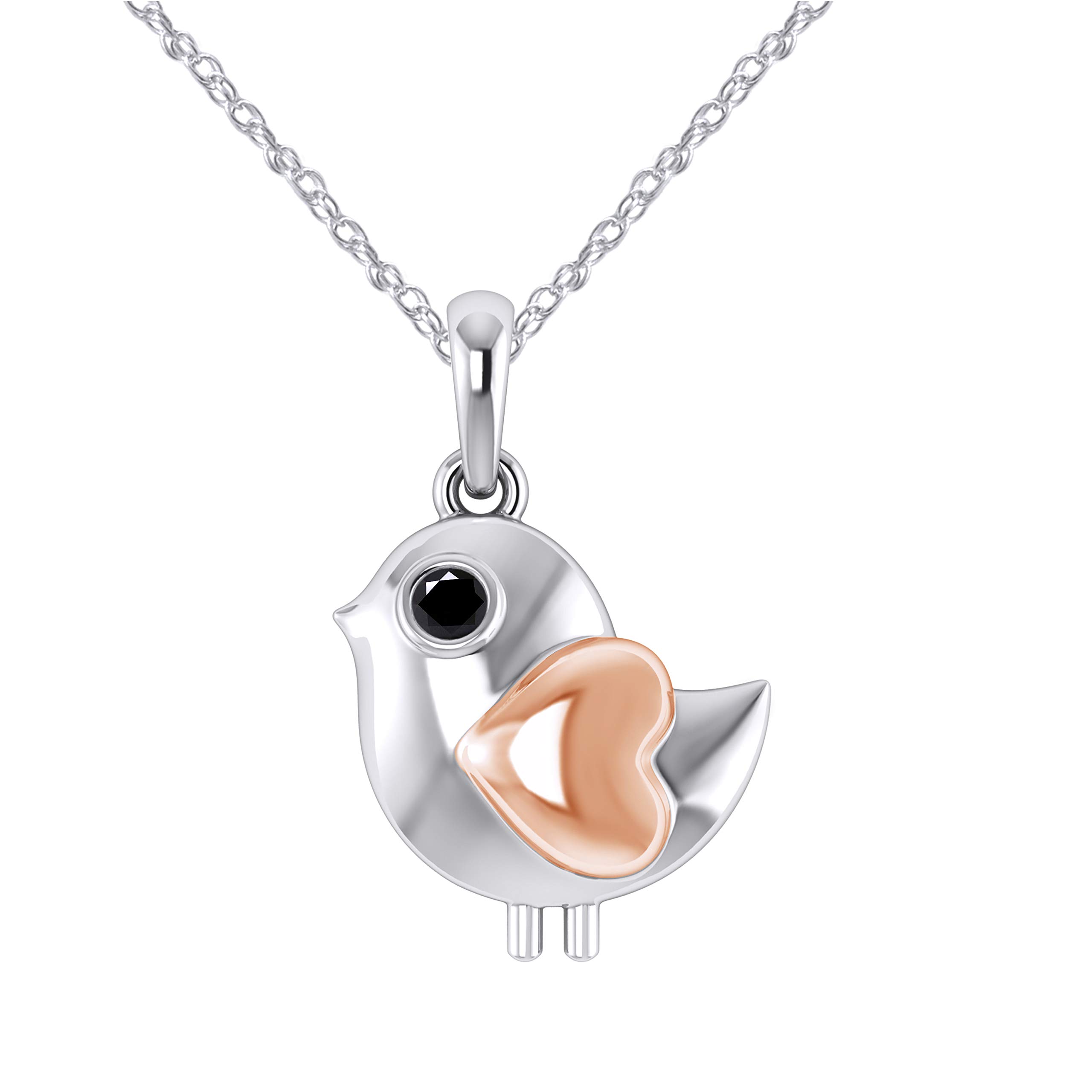 'Pretty Jewels 925 Streling Silver 1/20 Carat (ctw) Round Cut Black And White Natural Diamond Two Tone Sparrow Bird Pendant Necklace Along With 18'' Chain (Clarity: I1-I2, 0.05 CTTW)'