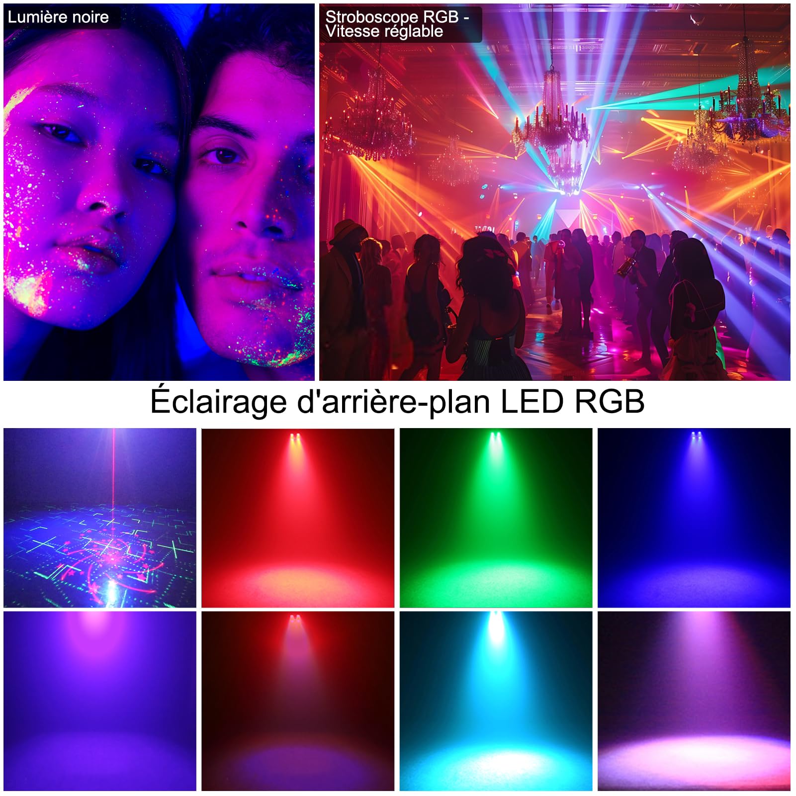 Lampe de Scène 4 en 1, Fwiull Lumière Disco avec Télécommande et Stroboscope, 65 Effets Lumineux RGB UV, USB Lumineux Boule Disco Musique Commande Vocale, Idéal Lumiere pour Soirée, Fête, Karaoké,Noël