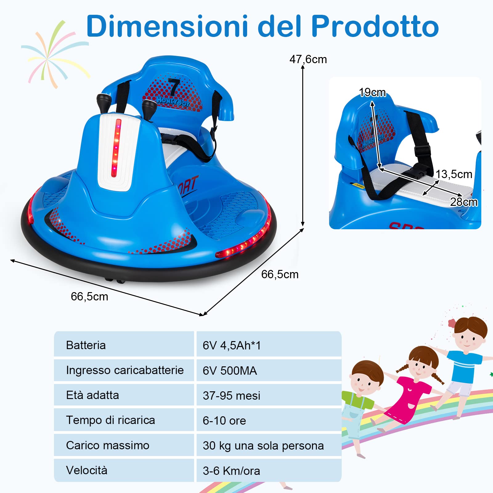 COSTWAY 6V Autoscontro Elettrico per Bambini, Veicolo Elettrico con Telecomando, Girevole a 360°, Luci LED Colorate e Cintura di Sicurezza Regolabile, 37-95 Mesi (Blu)
