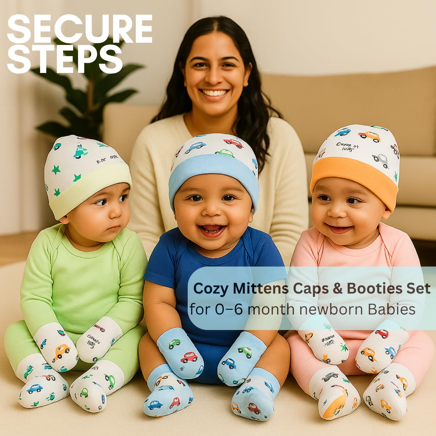 Mittens Cap and Booties Set for New Born Baby Pack of 2 | 100% Cotton Baby Mittens Set 0 to 6 Months | Soft Anti-Scratch Caps Mittens and Booties Newborn | Cute Designs | Boys & Girls (Pink+Orange) 2