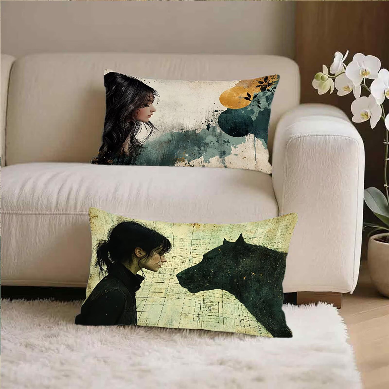Federe Cuscino 70x90 Set di 2, Donna Federe Cuscini Divano Lino, Rettangolari Copricuscini 70x90cm Con Cerniera Invisibile, Copricuscino per Camera Letto Casa Decorazioni Regalo, Astratto V-9443