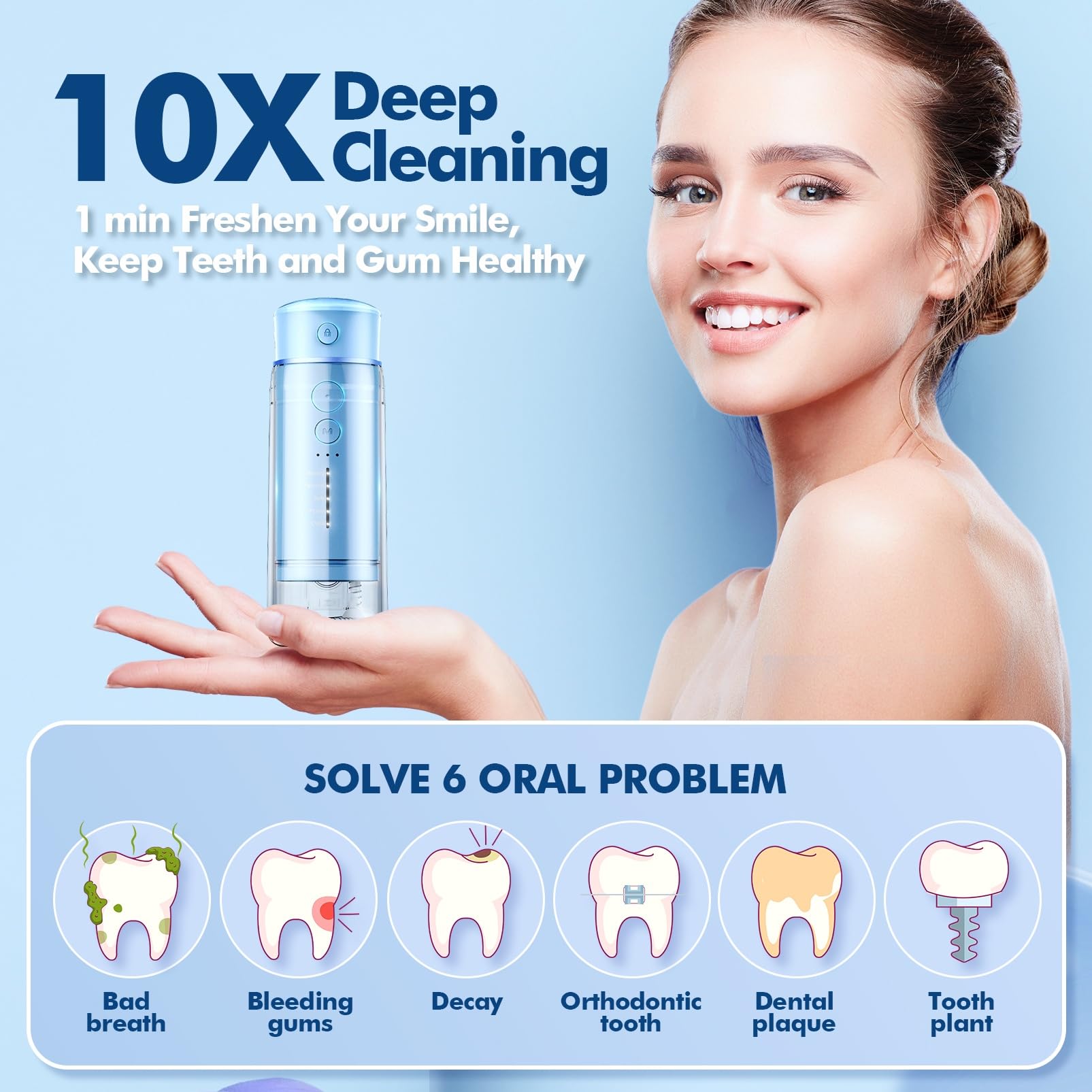 Water Flosser Cordless Travel, Mini Oral Irrigator with Telescopic Water Tank, 5 Modes, 6 Jet Tips - Image 2