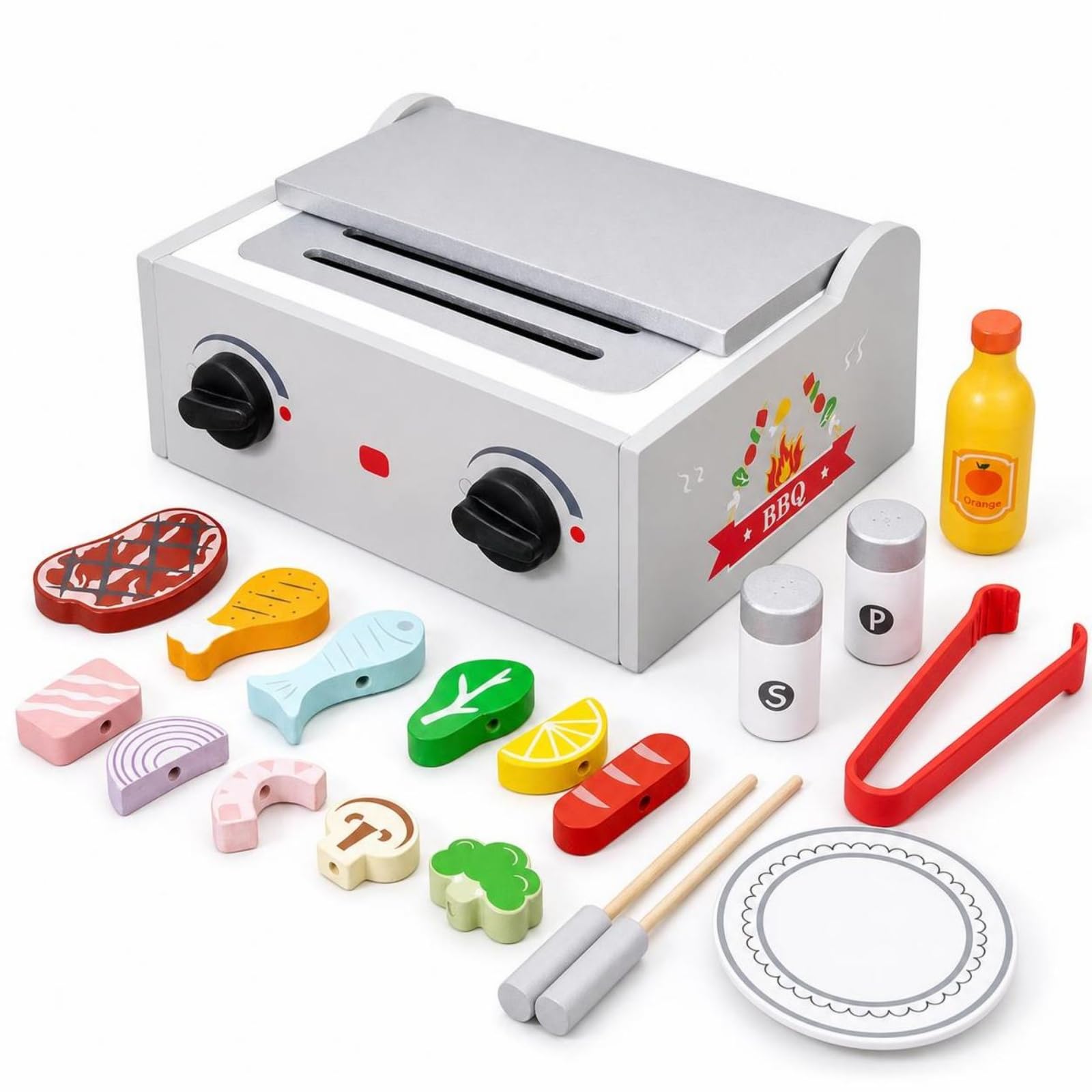 kowaku Barbecue Giocattolo in Legno Barbecue Giocattolo con Accessori da Tavolo Gioco di Ruolo per Bambine, Scuola Dell'infanzia