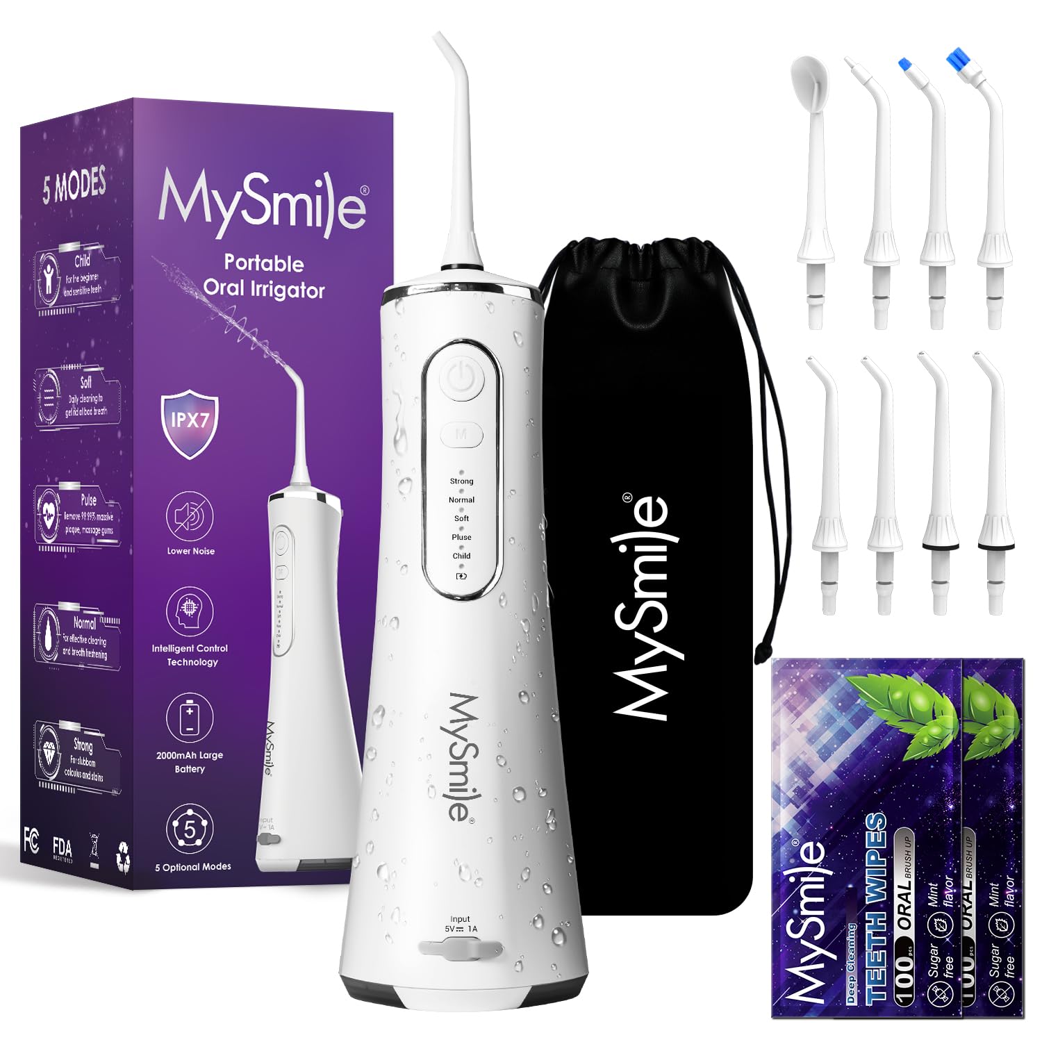 MySmile LP211 - Idropulsore senza fili per denti, 5 modalità, irrigatore orale portatile, 260 ml, per la pulizia dei denti sensibili, idrofilo interdentale ricaricabile da viaggio IPX7 e 2 salviette