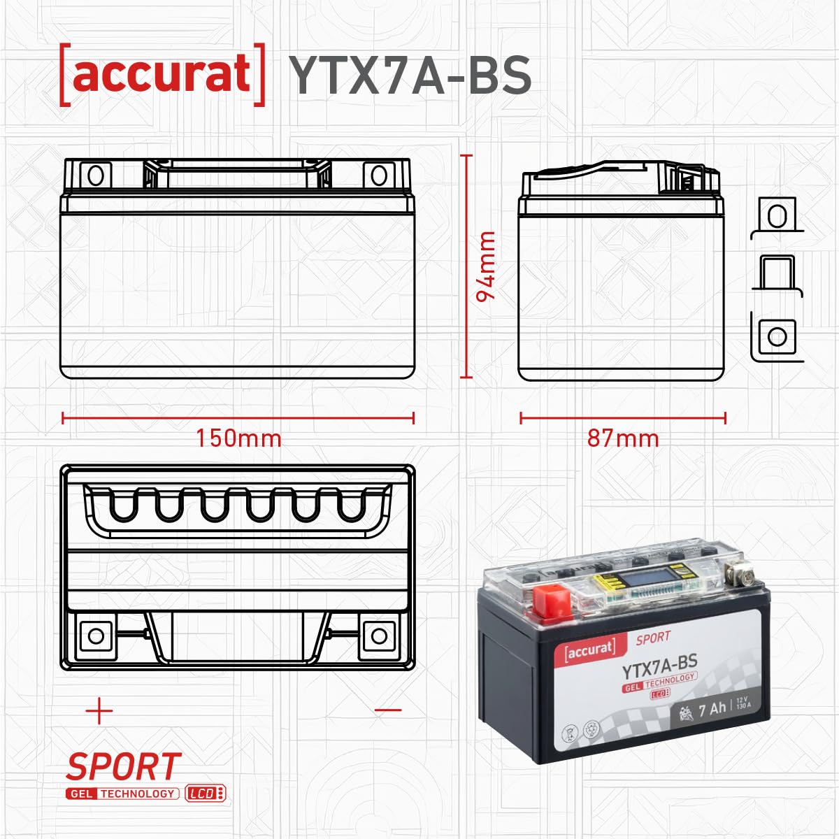 Accurat Motorradbatterie YTX7A-BS Gel 12V 7Ah Roller Batterie mit Display MGS12-7A-BS