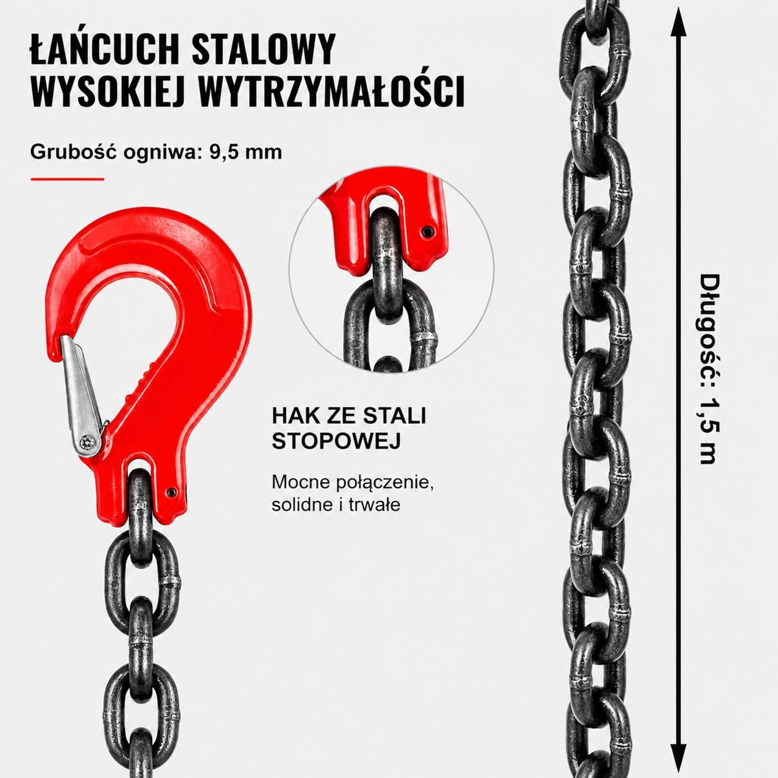 Zawiesie łańcuchowe dwucięgnowe ze stalowymi hakami do wciągnika, holowania, warsztatu i garażu