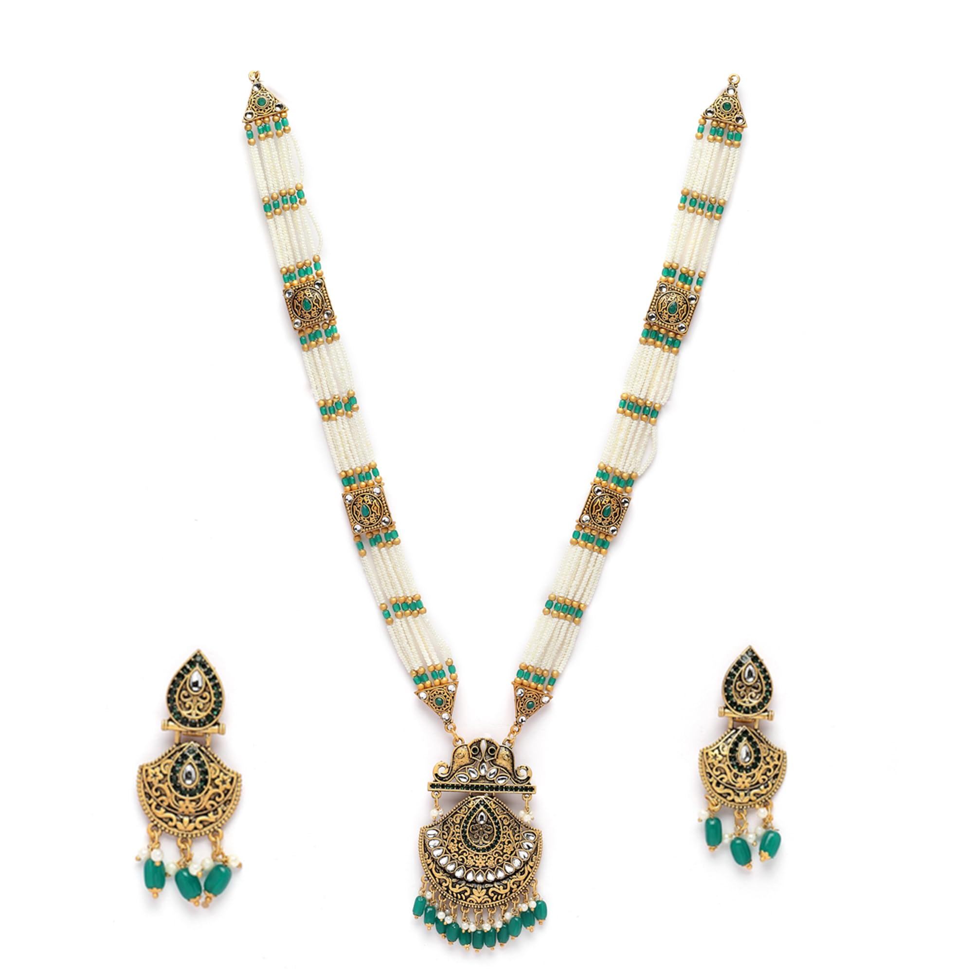 ZENEMEGold-Plated Kundan Studded & Beaded Long Meenkari Work Necklace with Earrings Jewellery Set for Women and Girls