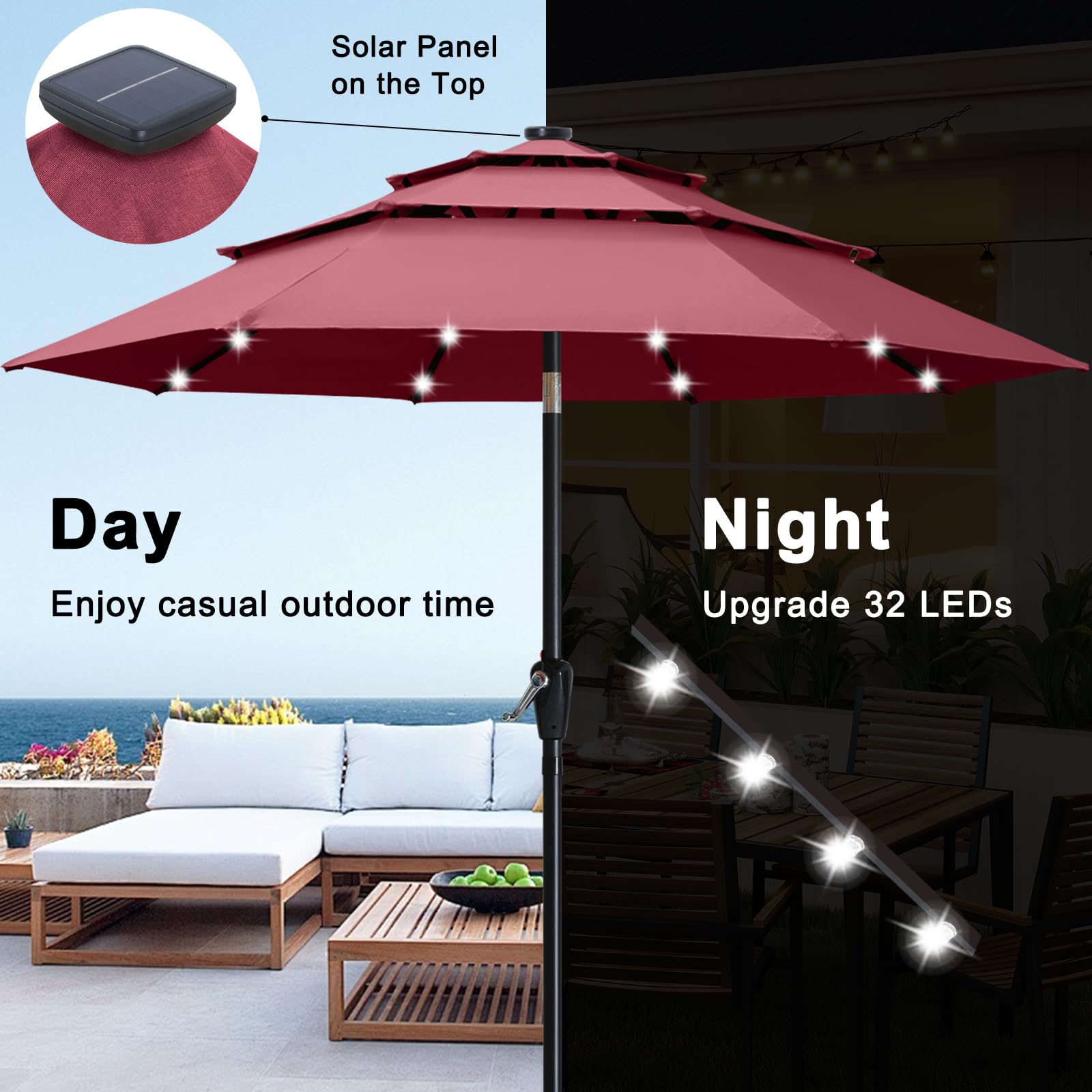 ABCCANOPY 11FT 3-Tier Solar Patio Umbrella, 32 LED Lights, Burgundy