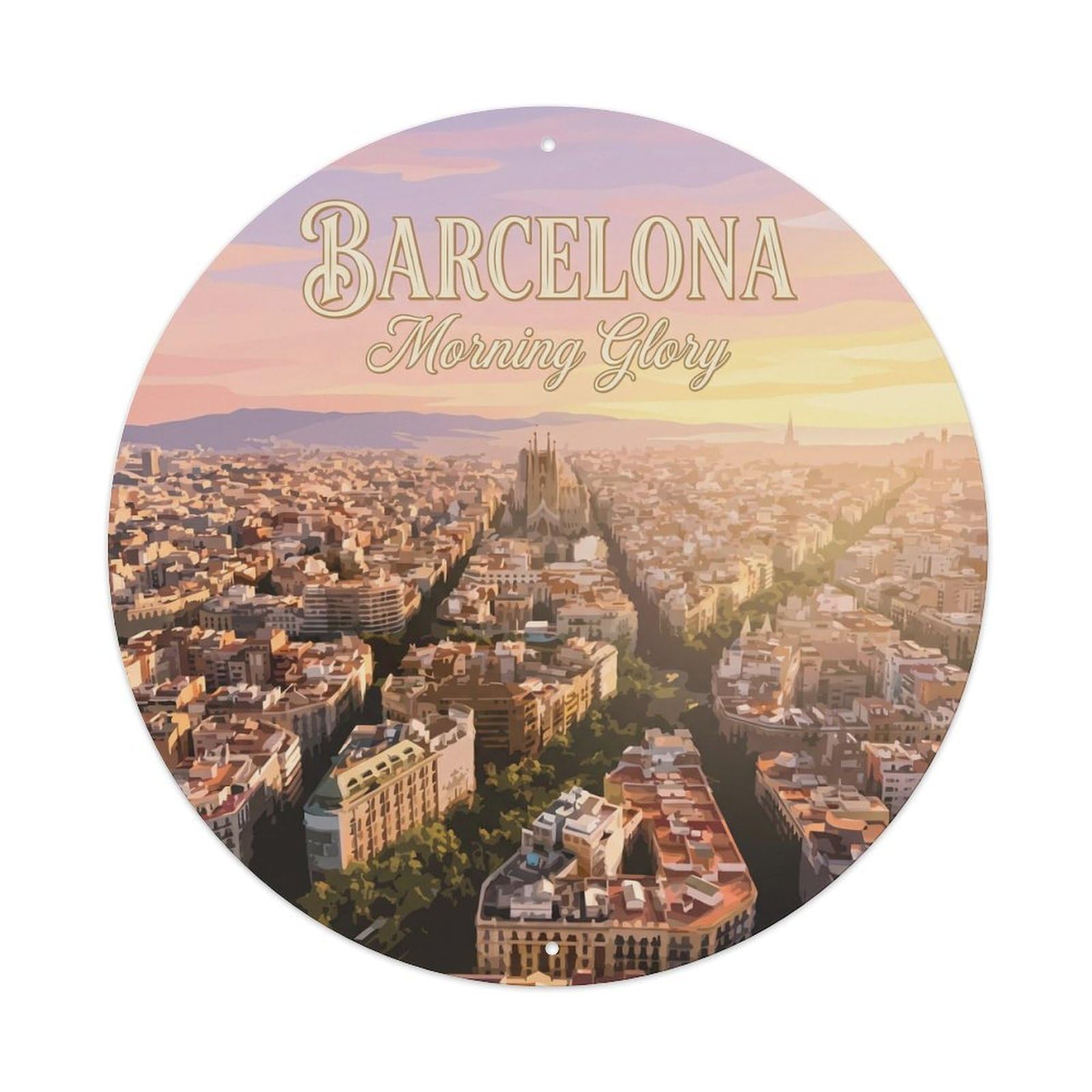 Vintage Travel Barcelona Sunrise Morning Cityscape Metal Tin Sign Plaque Wall Decor for Cafe, Club, Garden Round Metal Poster 8x8Inch