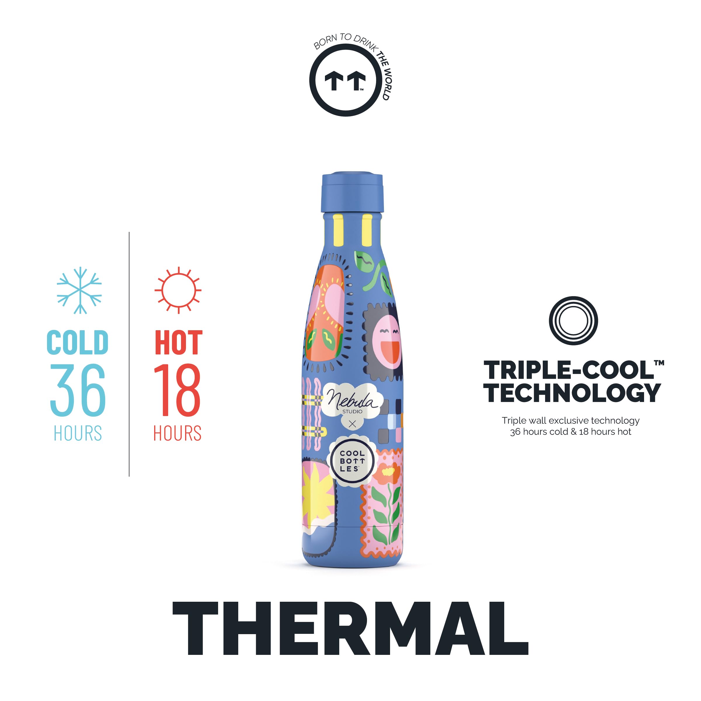 Cool Bottles - Borraccia Termica - 500 ml - Patch Zone x Nebula - Bottiglia d'Acqua in Acciaio Inox - Bevande Fredde per 36 ore e Calde per 18 - Finitura con Stampa 3D - Senza BPA | Bevande fredde 36 ore e calde 18 ore, finitura esclusiva stampa 3D, accia