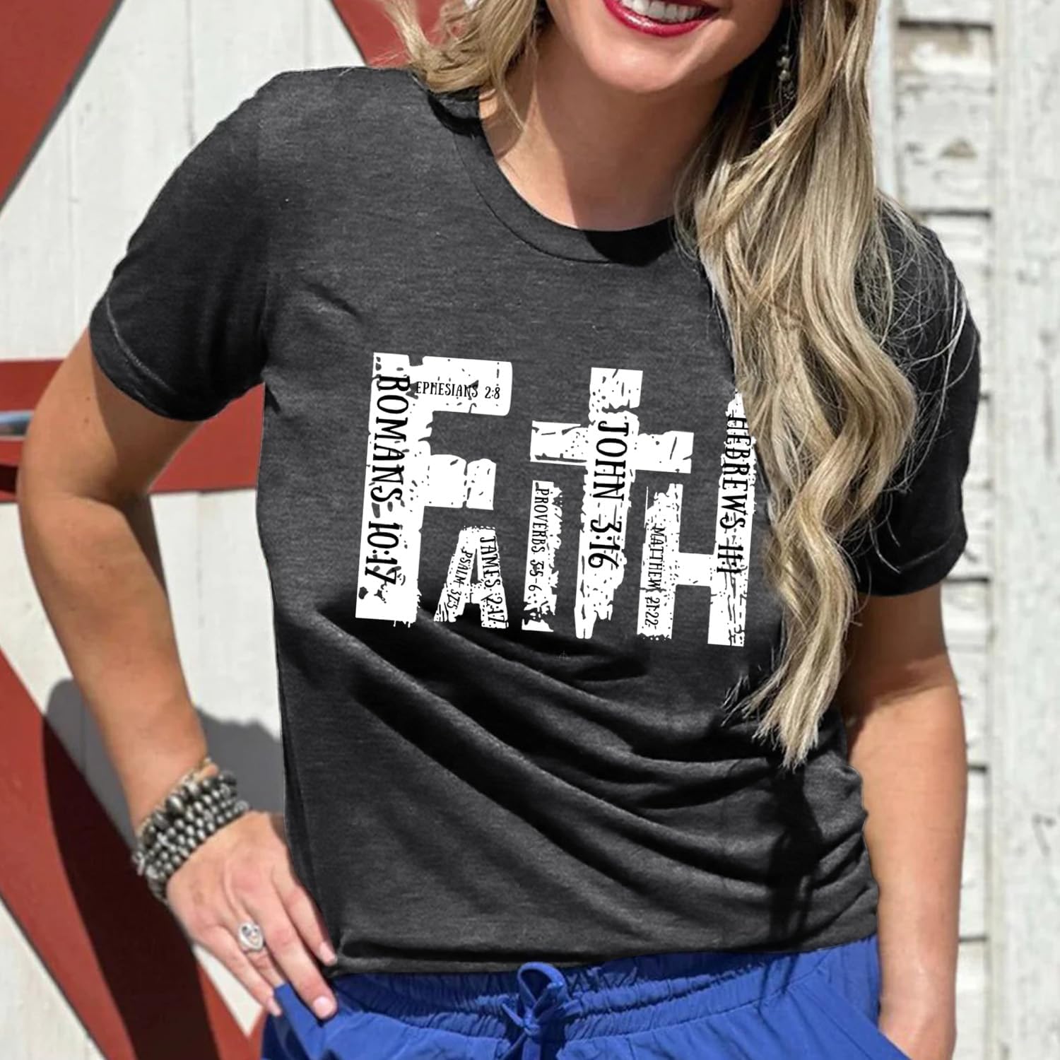 Womens Faith Shirts Christian Cross T-Shirts Bible Verse Blessed Letter Printed Tees Inspirational Tops - Image 3