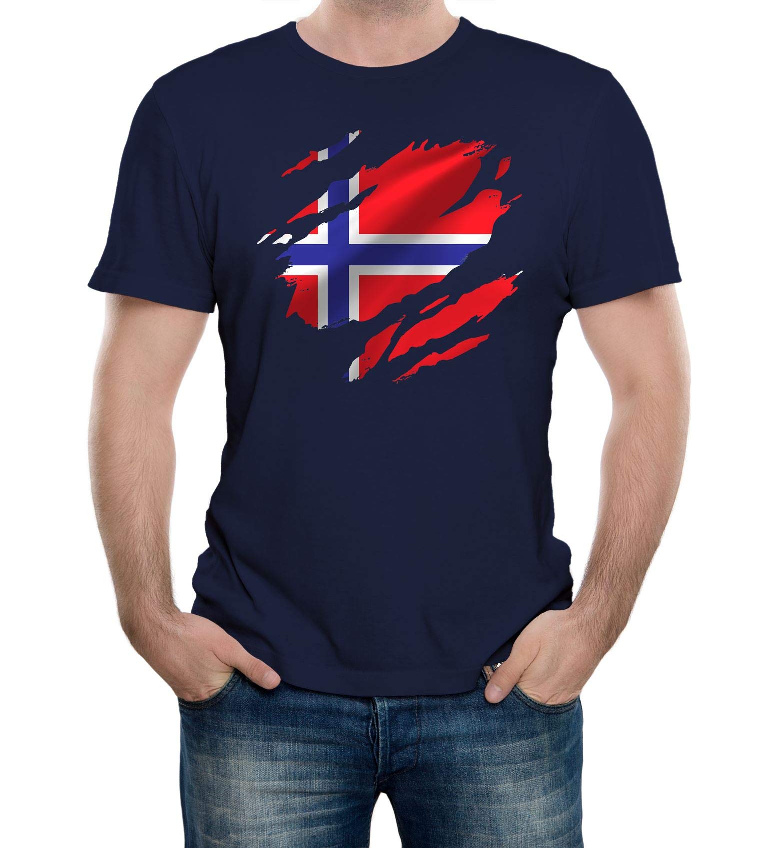 Reality Glitch Men's Navy Blue Torn Norway Flag T-Shirt
