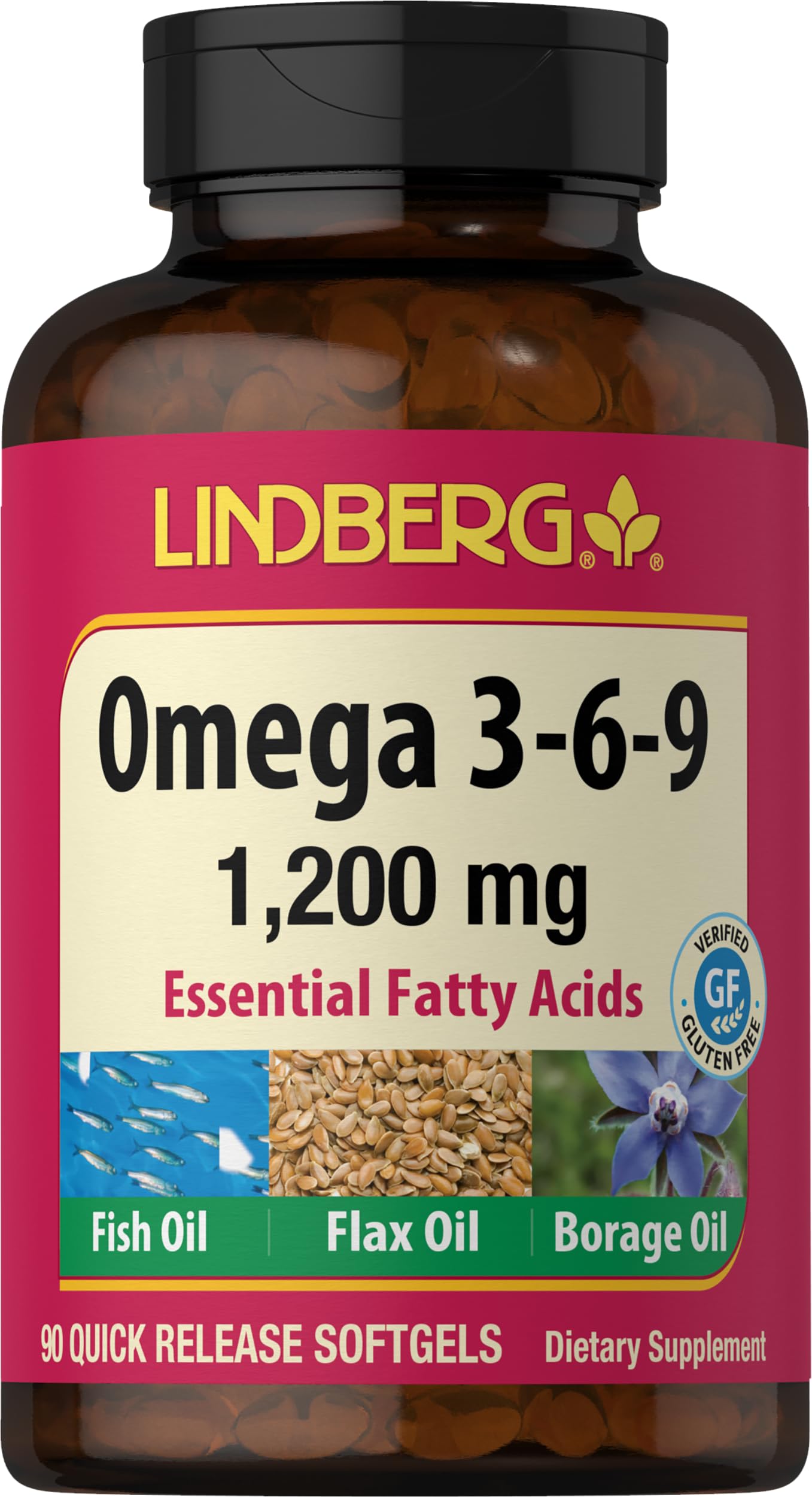Lindberg Omega 3 6 9 Supplements | 1200mg | 90 Softgels | Essential Fatty Acids | with Fish, Flax, and Borage Oil | Non-GMO, Gluten Free