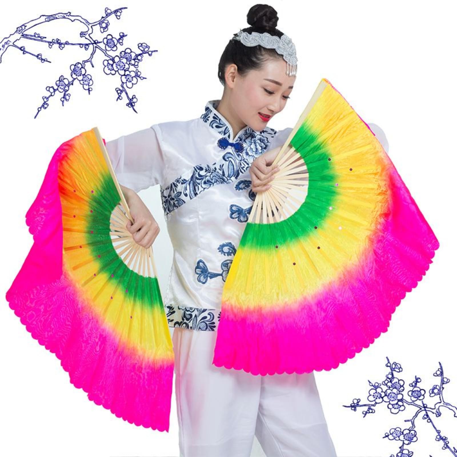 Éventails de danse Yangge 51 cm pour chorégraphie double face synchronisée - 5