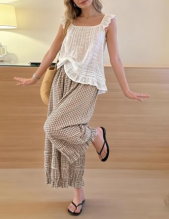 chouyatou Women 2026 Summer Ruffle Hem Crop Cotton Linen Pants Beach Plaid Gingham Wide Leg Pants Palazzos