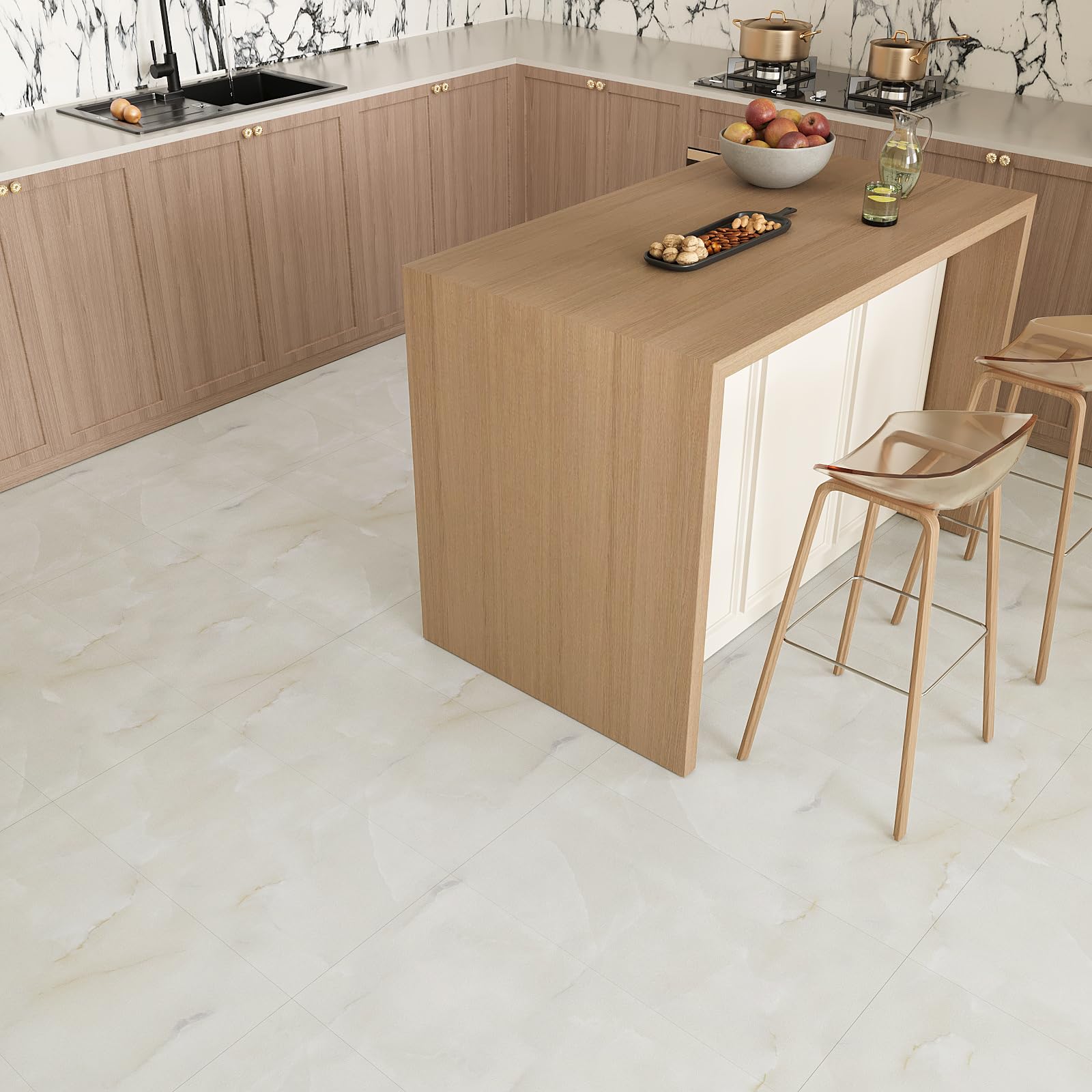 VEELIKE Suelo Vinilo Efecto Marmol Beige Vinilo Suelo Autoadhesivo Baño Impermeable Vinilos Cocina Azulejos Suelos de Vinilo Adhesivos para Suelos Comedor Vinilo Suelo Dormitorio 60cmx30cm 24 Piezas