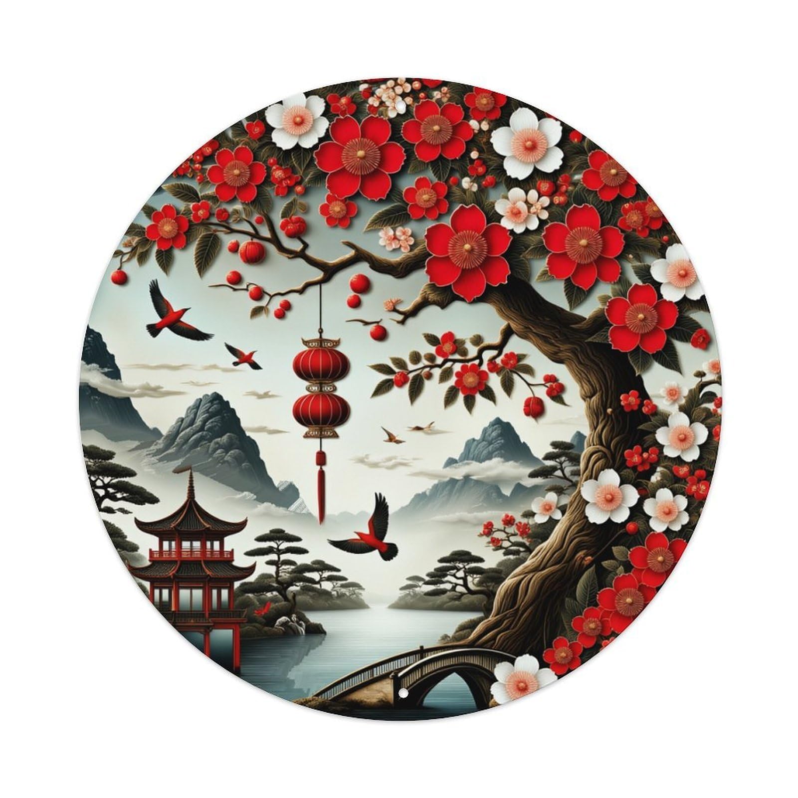 Chinese Landscape Plum Blossom Lanterns Birds Round Tin Sign Retro Metal Sign for Cafe Bar Pub Home Game Room Gym Club Wall Decoration Vintage Metal Poster 8x8 Inch