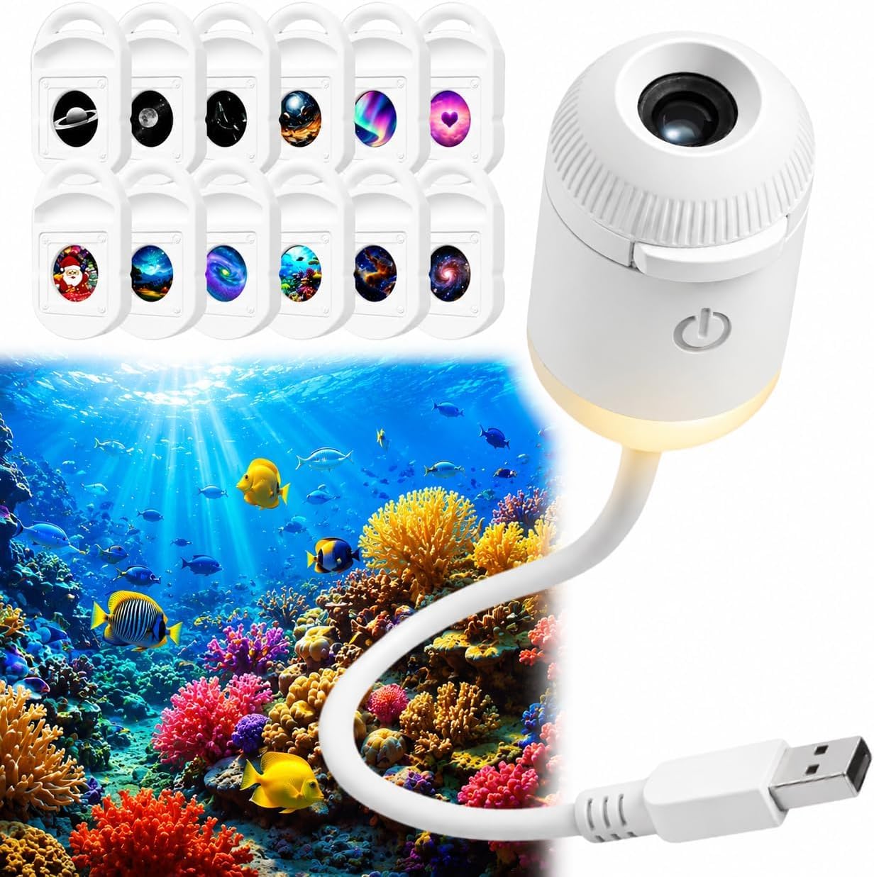 LMIX Galaxy Projector Night Light, Plug and Play Hd Star Projector 5D Holographic Ocean Light 2-in-1 USB Sky Lamp Fantasy Starry Sky Dynamic Ceiling Projectors Lights 360° Space (with 12 Films A)