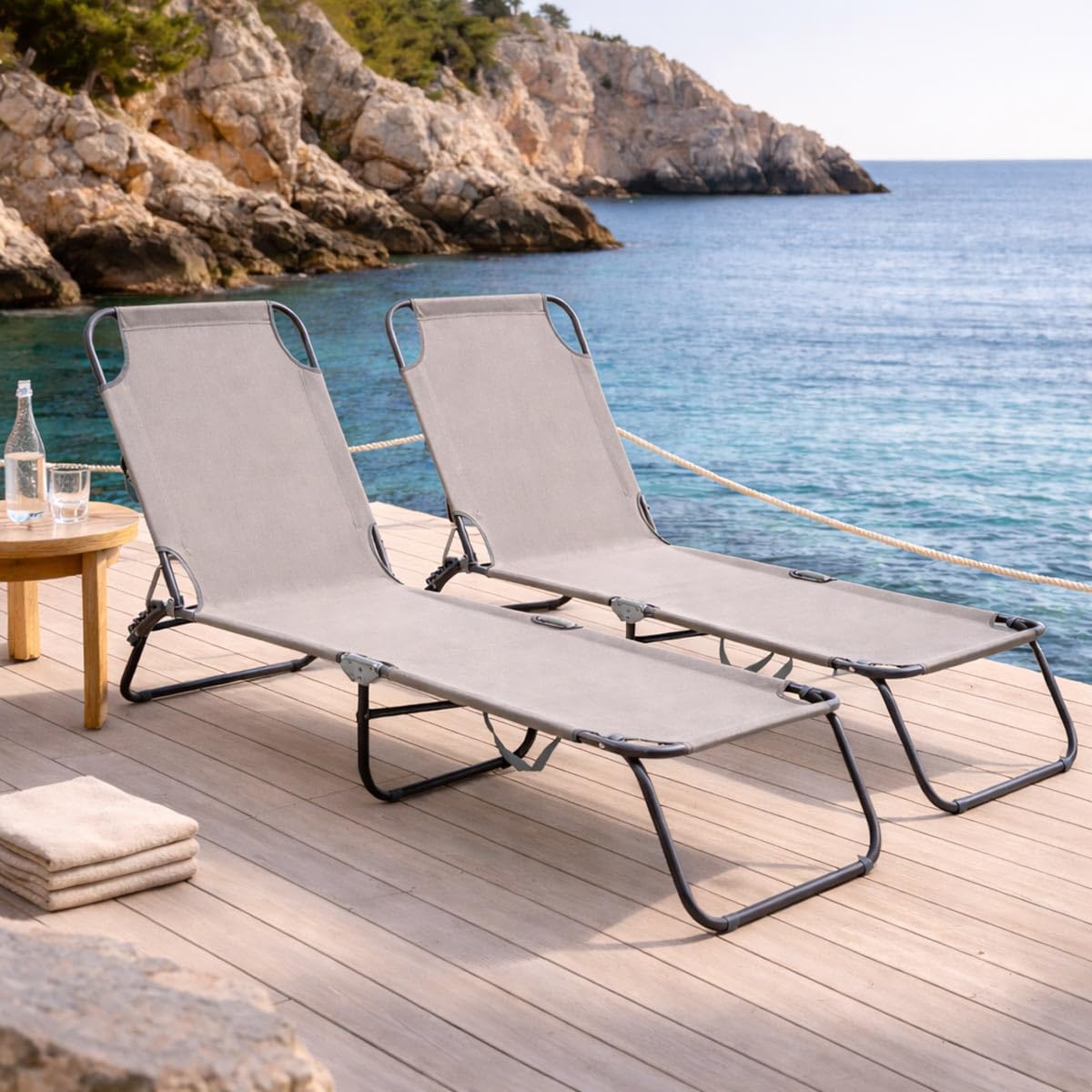 Yellowshop - Set 2 Lettini Prendisole Pieghevoli Olbia da Esterno, Metallo e Tessuto Traspirante, Schienale Reclinabile, Giardino, Spiaggia, Piscina, colori Tortora e Turchese (Rock (grigio tortora))
