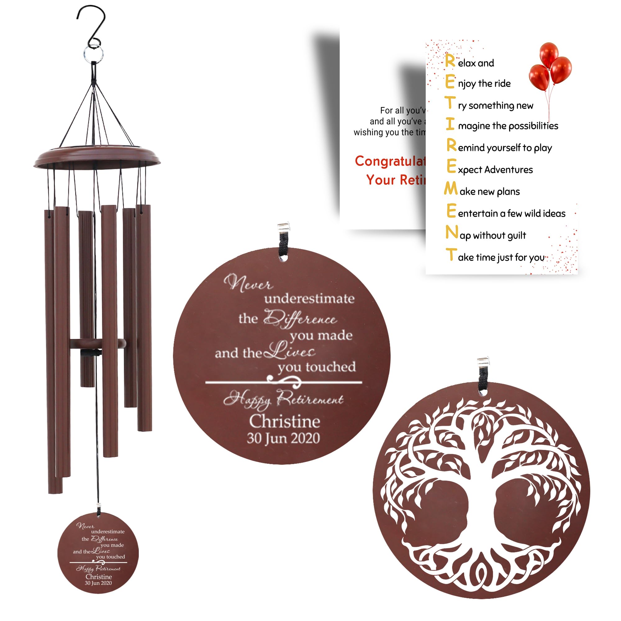PORTHOCustom Retirement Wind Chime, Tree of Life, Bronze Colour, Persoalized Metal Wind Chimes, Custom Retirement Gifts For Men, Women, Teacher, Co-worker, Colleague, Nanny, Boss, Veterans