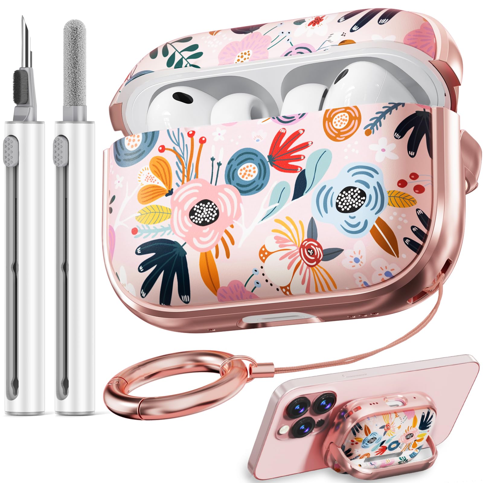 Photo 1 of Inesore for AirPods Pro 3 Case 2025 with Lock, for Women Girly Floral Cute Case Compatible with Apple Airpods Pro 3rd Generation Cover, with Phone Stand,Keychain & Cleaner Kit -Pink Flower