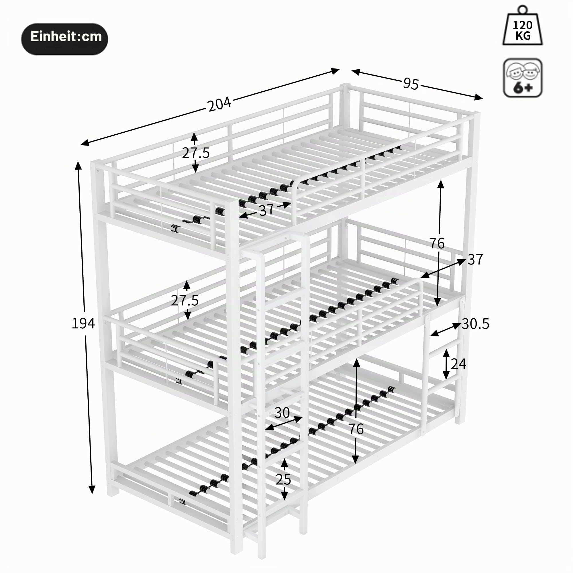 Moimhear Bettgestell 90x200cm Metallbett, Eisenbett, Etagenbett, Dreifach-Etagenbett für Kinder, Jugendliche und Erwachsene (Weiß)