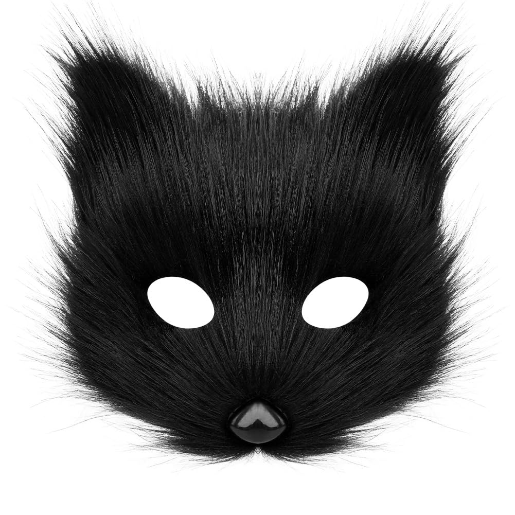SIQITECHUK Furry Fox Cat Mask Plush Animal Masks Realistic Wolf Mask Half Face Halloween Cosplay Fancy Dress Carnival Party Costume Accessory for Adult (Black)