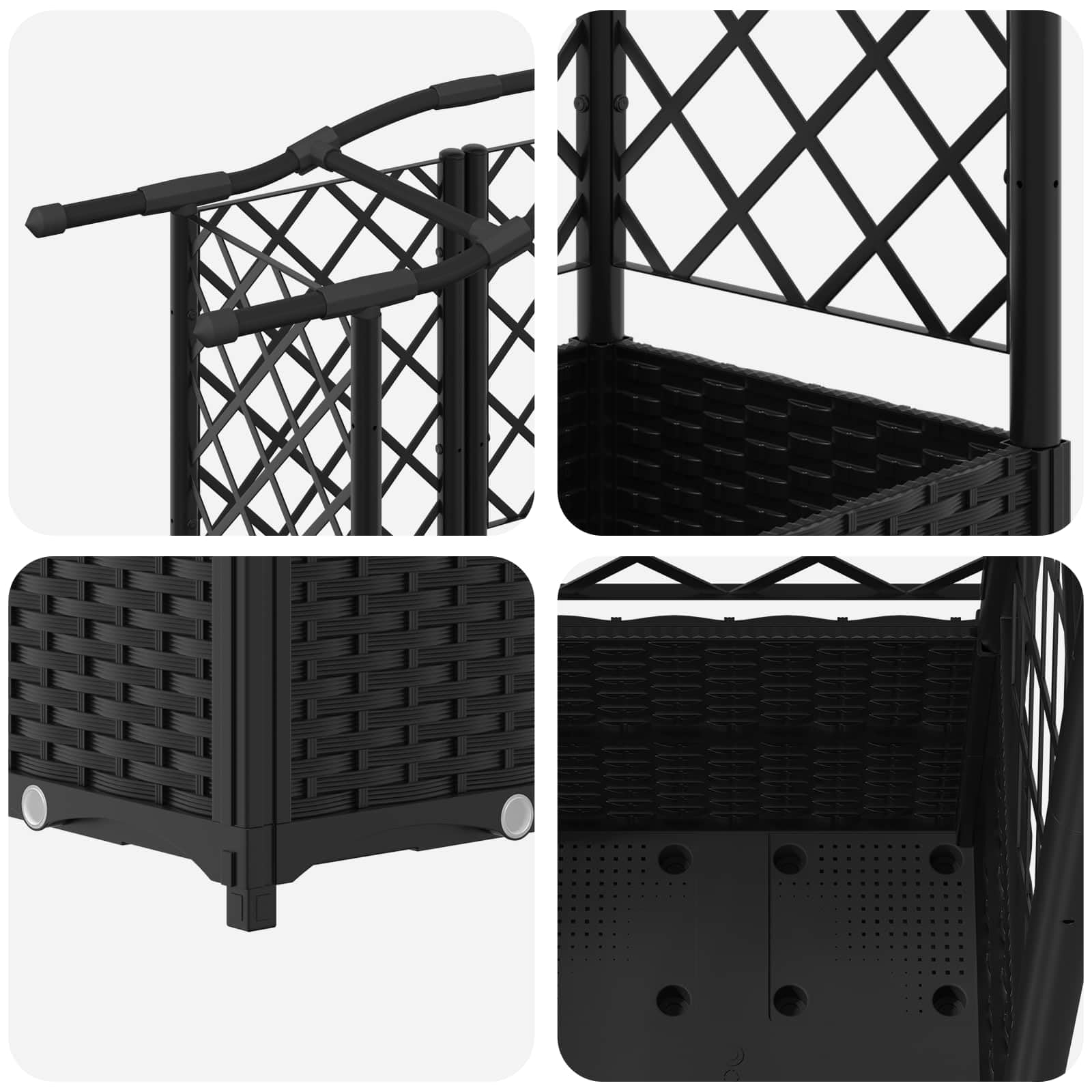 Jardinera elevada con enrejado y techo negro 163 x 40 x 141 cm PP resistente a la intemperie exterior para balcón terraza con almacenamiento de agua, resistente a las heladas y decorativo