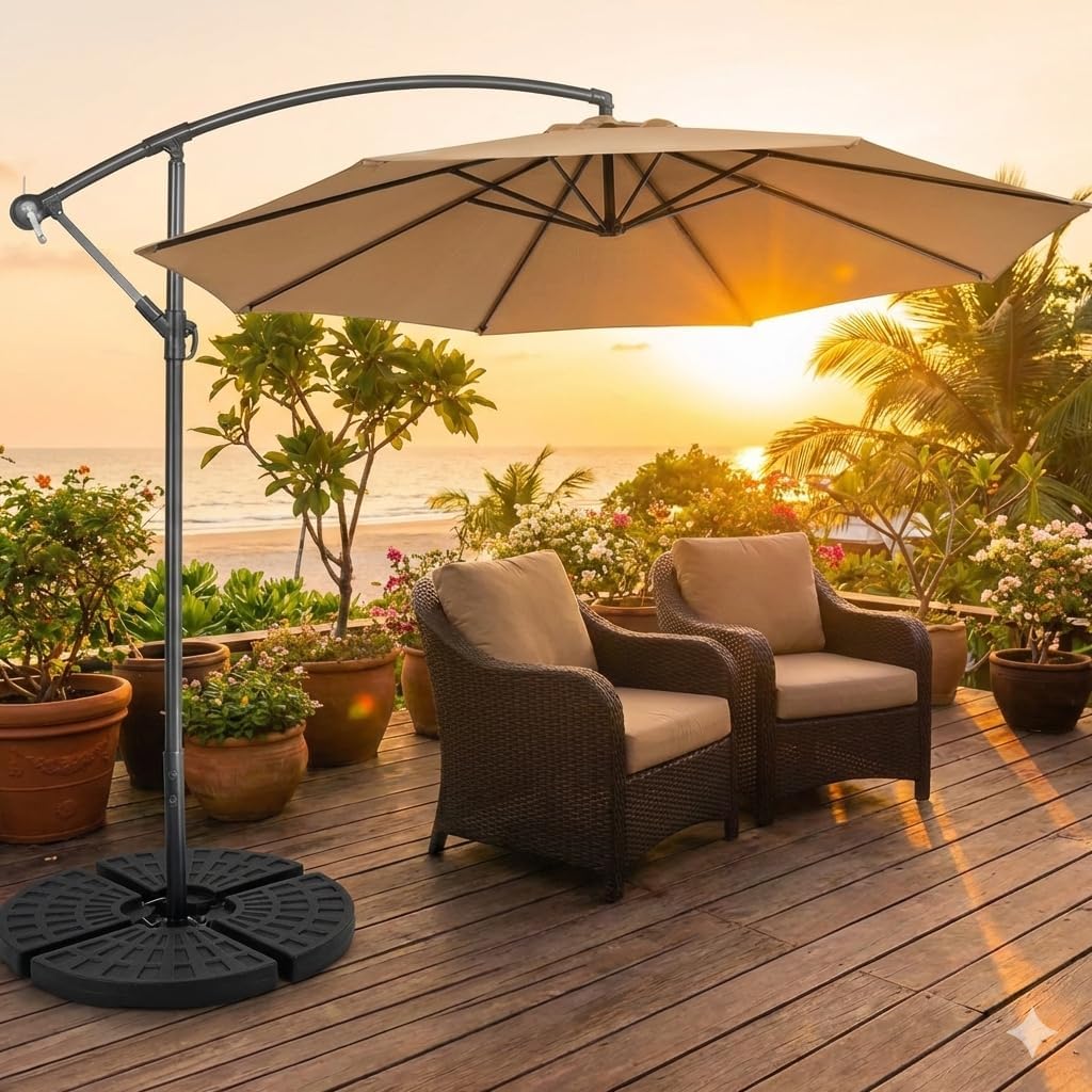 Tangkula 4 Piece 140 Lbs Umbrella Base, Offset Umbrella Weights with 4 Round HDPE Plate & 4 Connection Metal Hooks, Handle, Water & Sand Fillable Cantilever Umbrella Stand for Patio, Garden, Pool
