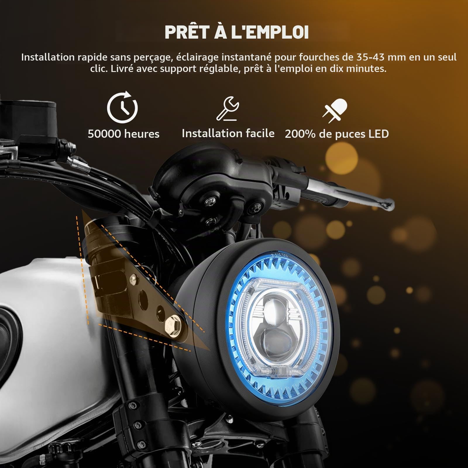 DREAMIZER Phare LED Moto 5,75 Pouces avec Supports, Éclairage Universel et Étanche Compatible avec Harley Yamaha Honda Kawasaki Cafe Racer Bobber Chopper