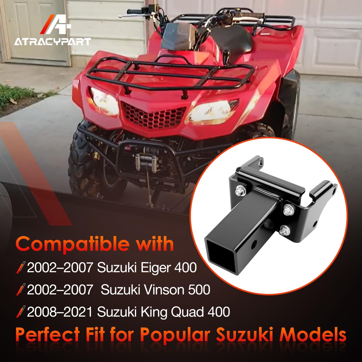 2" Receiver Hitch Fit for 2002–2007 Suzuki Eiger 400 and Suzuki Vinson 500, 2008–2021 Suzuki King Quad 400, Heavy Duty Steel Plate, Black Powder-Coated, Replaces# 85180