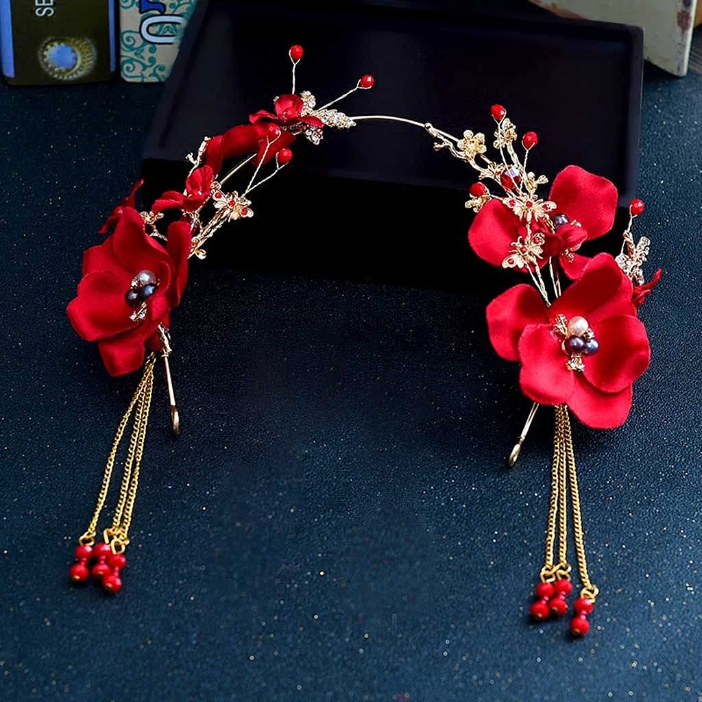 Trendy 3pcs/Set Red Pearl Flower Headbands for Women Bridal Tassels Tiara Hairband Chinese Wedding Bride Hair Accessories