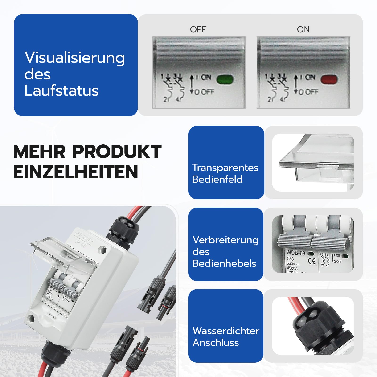 PV Sicherungsautomat 2 Polig für PV Anlage,IP65 Wasserdicht Gehäuse Verteilerkästen,DC Trennschalter Leitungsschutzschalter mit Photovoltaik Kabel (30A DC500V)