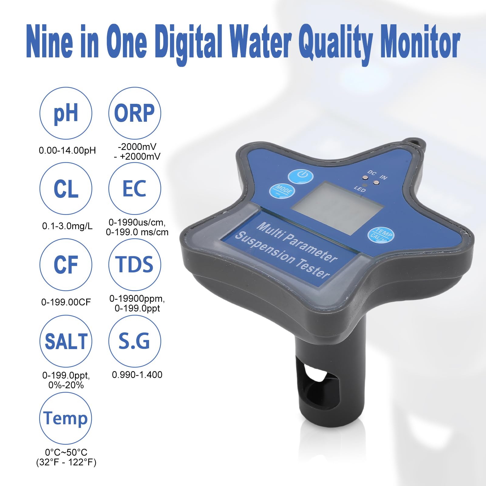Goshyda Probador de Agua Digital, Medidor de Calidad del Agua Bluetooth Sensor de Temperatura Incorporado, para Detectar Temperatura PH ORP TDS EC Salt S.G CL, para Acuicultura en