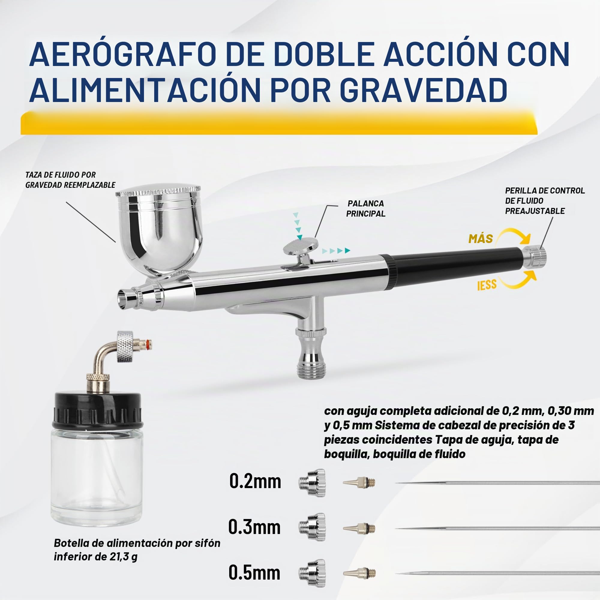 Fengda Pistóla de aerógrafo kit FE-134K con aguja/boquilla de 0,2/0,3/0,5 y tubo.
