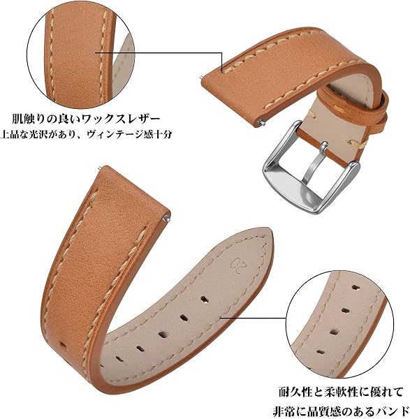 [ANNEFIT] 時計ベルト 17mm/18mm/19mm/20mm/21mm/22mm/24mm オイルレザー クイックリリース 替え腕時計バンド - 4