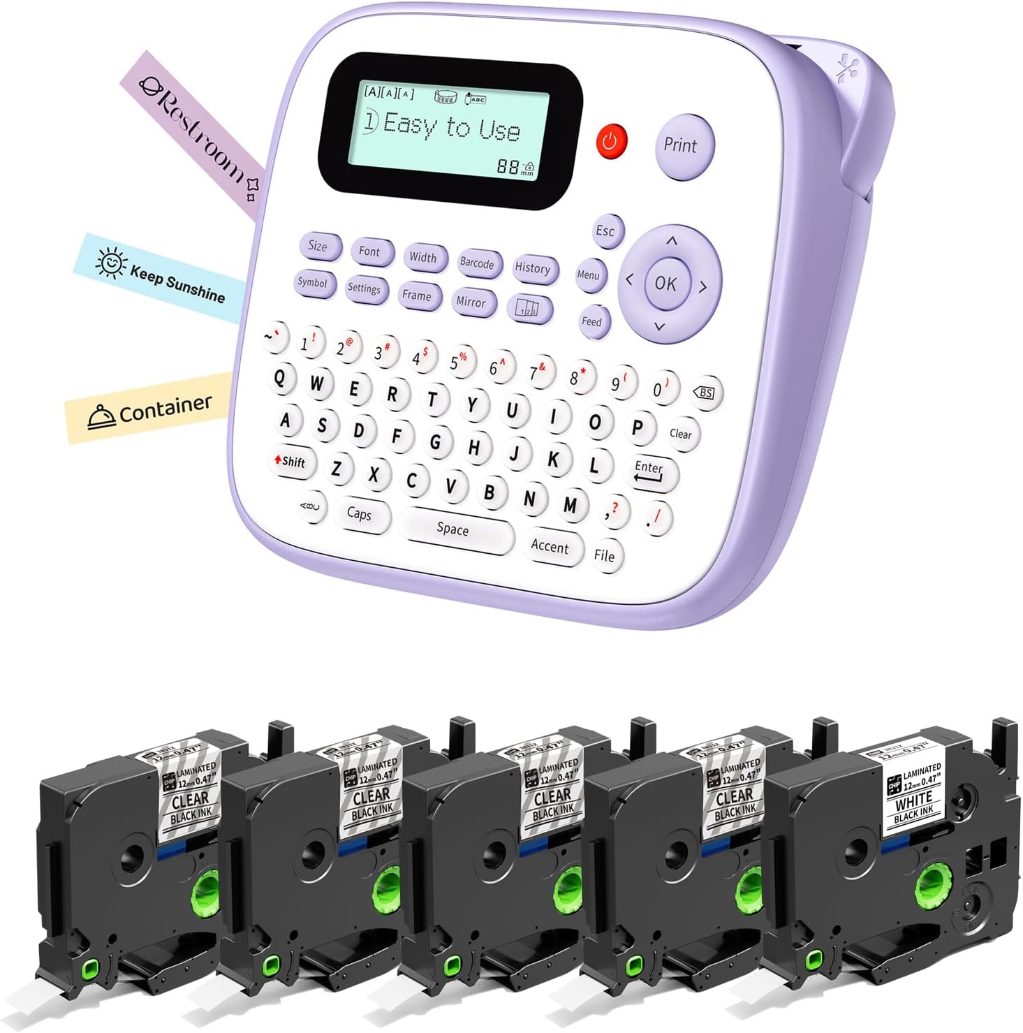 D210S Label Maker Machine with 5PK Clear Tapes Waterproof, Portable Labeler with Keyboard Powered by Type-C, Multiple Symbols for Home Small Business School Kids Use, Purple