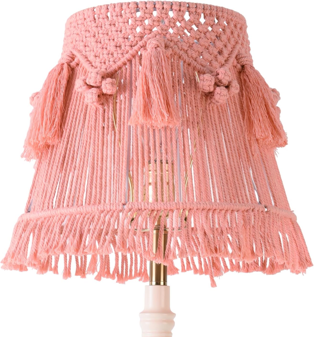 Pink Boho Woven Lamp Shade Bell Tassels Lampshade 7.5``Top x 12``Bottom x 11``High(Spider) Medium Handmade Lamp Shades for Table & Bedside Lamp - Easy Assemble