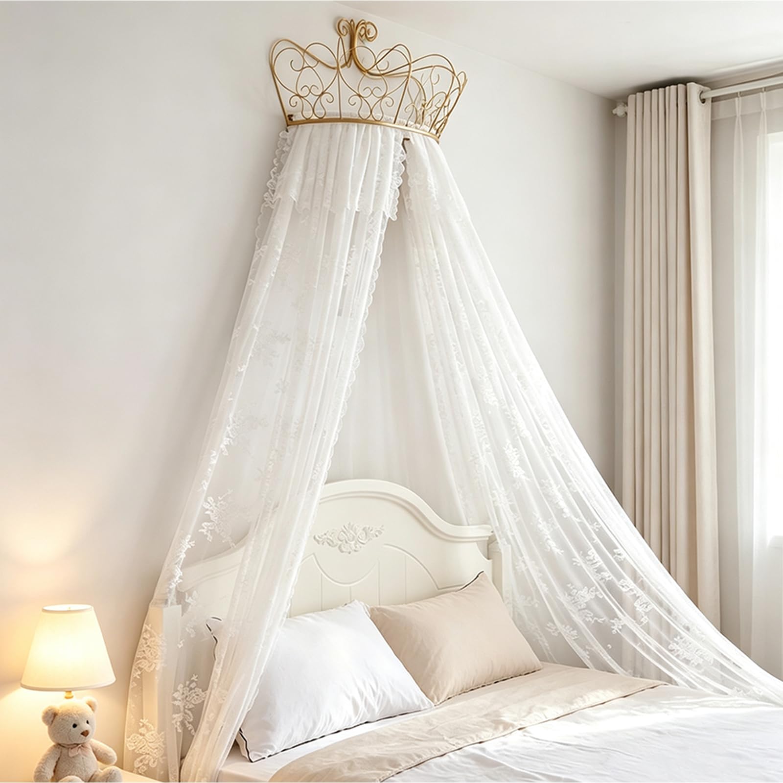 SDCGB Bed Canopy for Girls Room, Premium Bed Canopy Curtains with Metal Crown, Princess Tents Bed Canopy Valance, Lace Embroidery