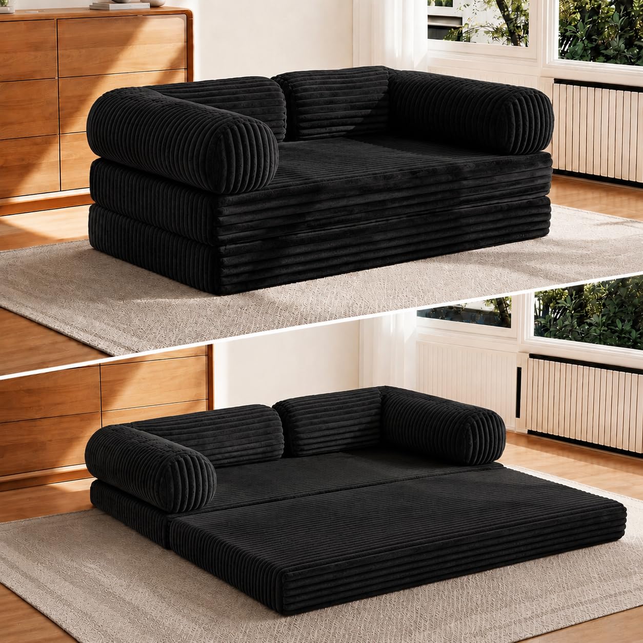 Claiks 3-in-1 Folding Double Sofa Bed 150cm Corduroy Foam Black