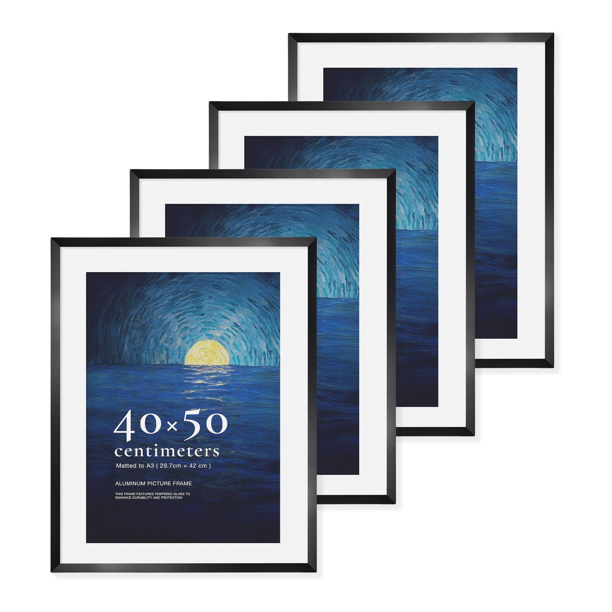 LIVINGTASTE 40x50 Picture Frames Brushed Black Aluminium, 4 pack 16x20 inch Photo Frames with Tempered Glass, for Posters, Artwork, Wall Display Only