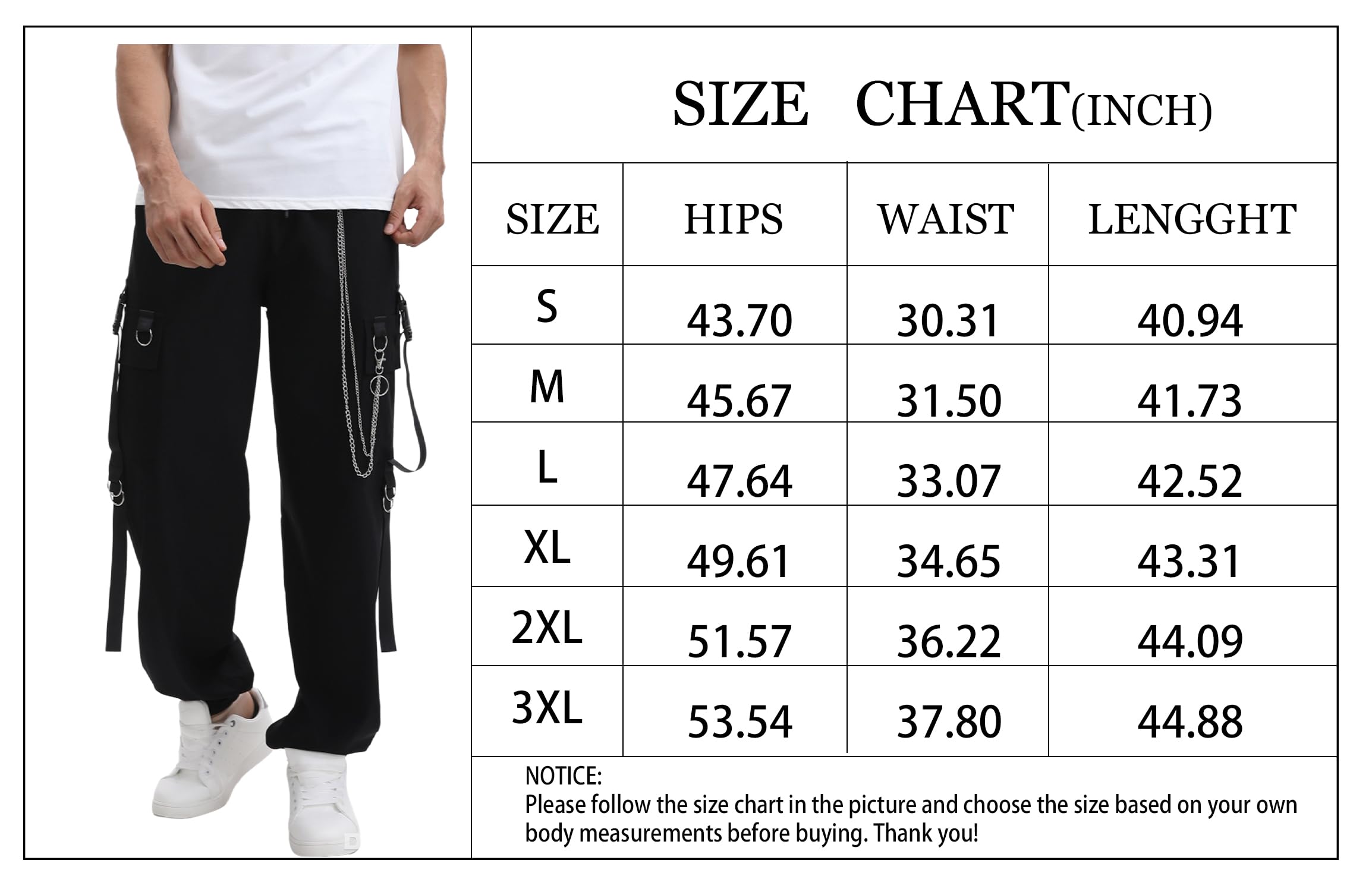 Pantaloni cargo da uomo Techwear Streetwear Gothic Punk Pantaloni Baggy Elastico in vita con coulisse Pantaloni cargo con catena