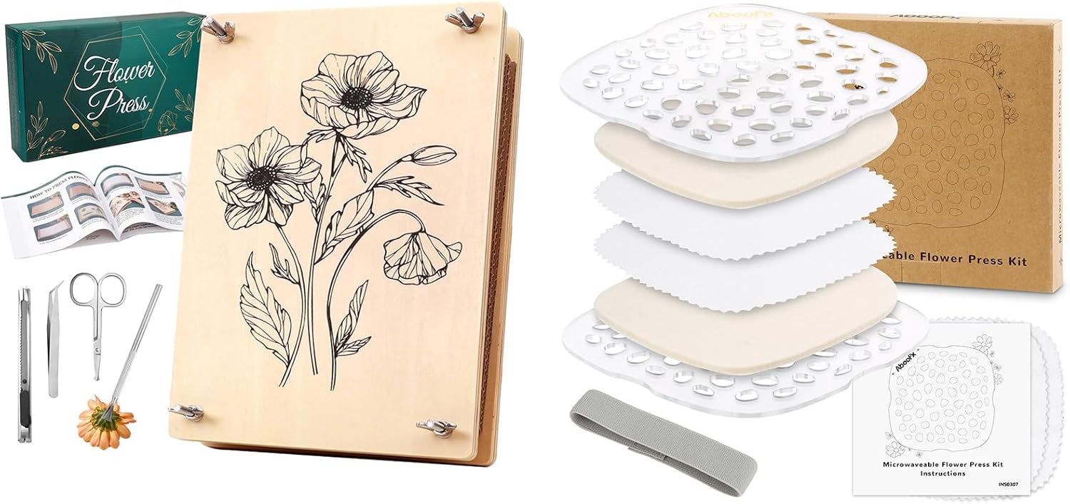 Aboofx Large Professional Flower Press Kit 6 Layers 10.8 x 6.9 inch and 6.3 x 6.3 inch Microwave Flower Press Quickly Flower Pressing Kit
