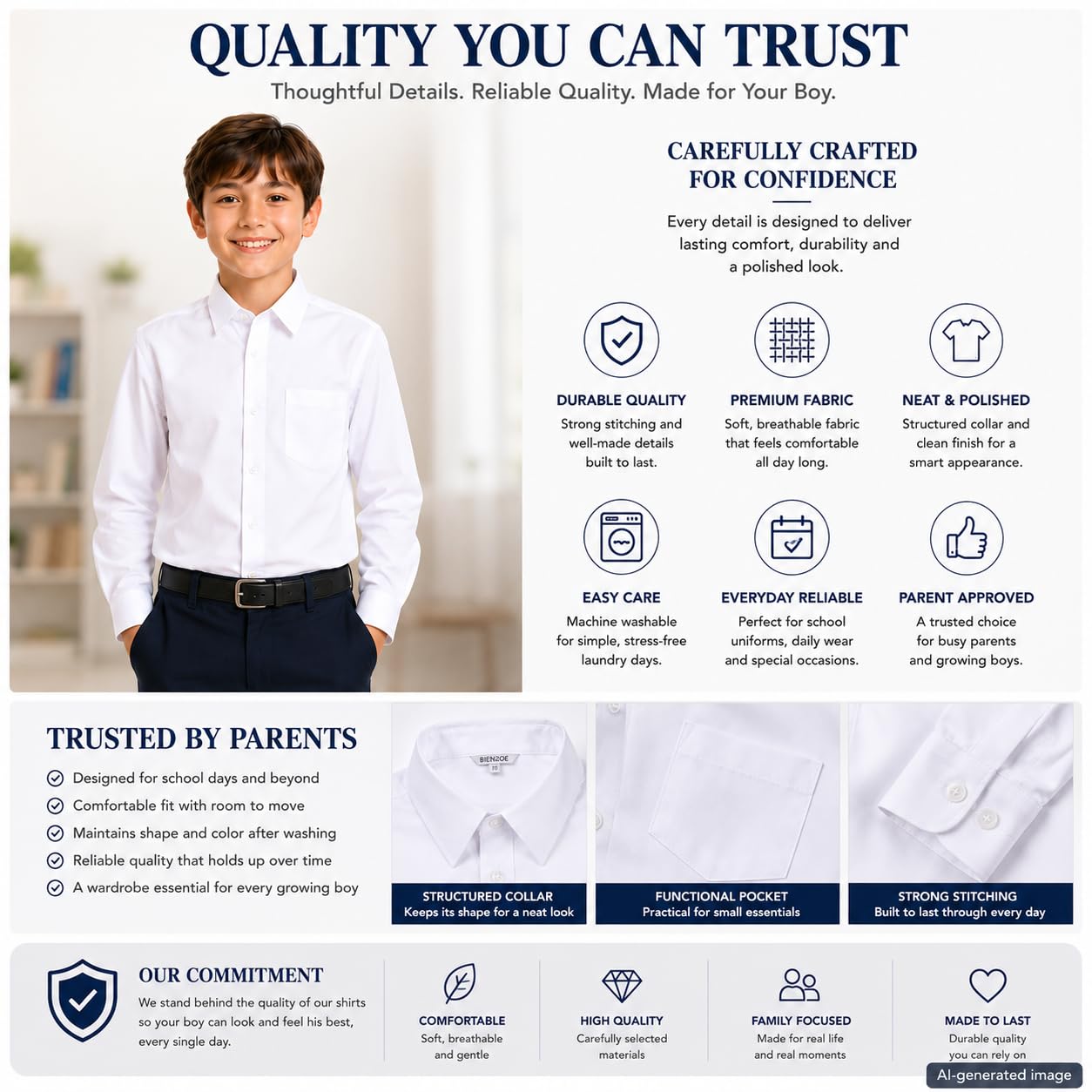 Bienzoe - Camisa Oxford de manga larga con botones para niño - Blanco - (10- 11 años)