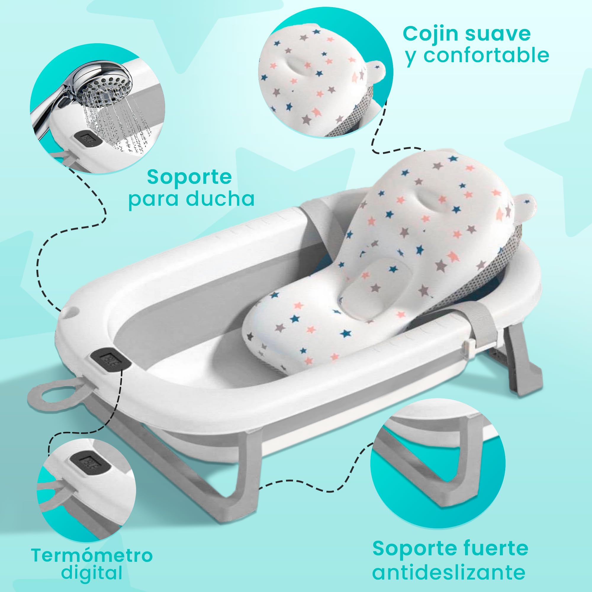 JUPPLIES Bañera Bebé Plegable con Cojín Ergonómico, Termómetro Digital y Patas Antideslizantes | Portátil, Compacta y Segura para Recién Nacido (Gris SIN estructura metálica) — view 3
