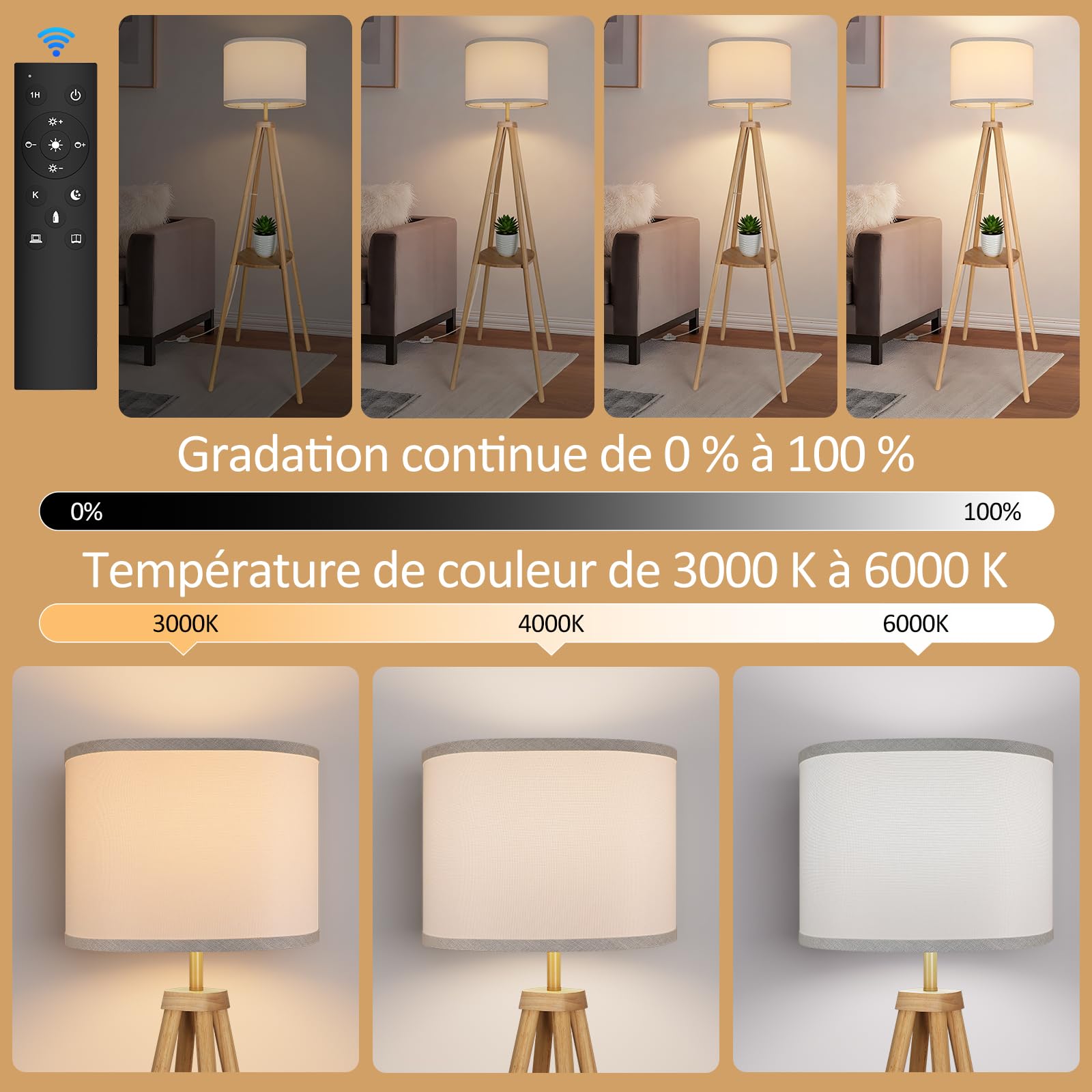Stehlampe Wohnzimmer mit Regal Stehlampe Dimmbar 2700K-6500K Holzgestell mit Ablagefläche und Fernbedienung Stehleuchte für Wohnzimmer Schlafzimmer Büro Holz