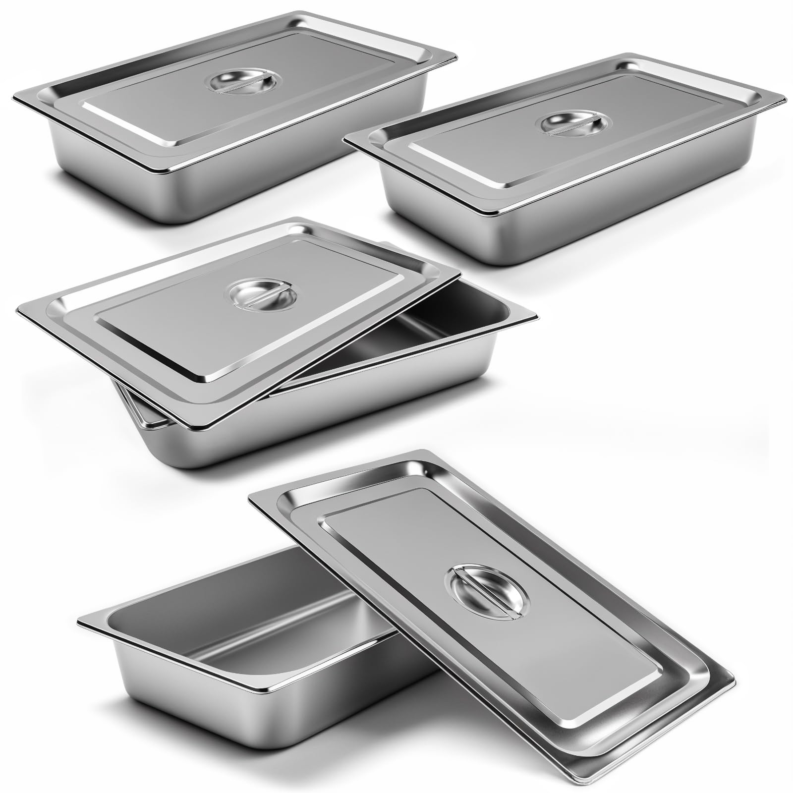 Paquete de 4 sartenes de hotel de acero inoxidable de 1/1 tamaño completo x 4 pulgadas de profundidad, PAN de 0.8 mm de grosor con tapa, vaporizador de acero inoxidable PAN de 20.8 x 12.8 x 4