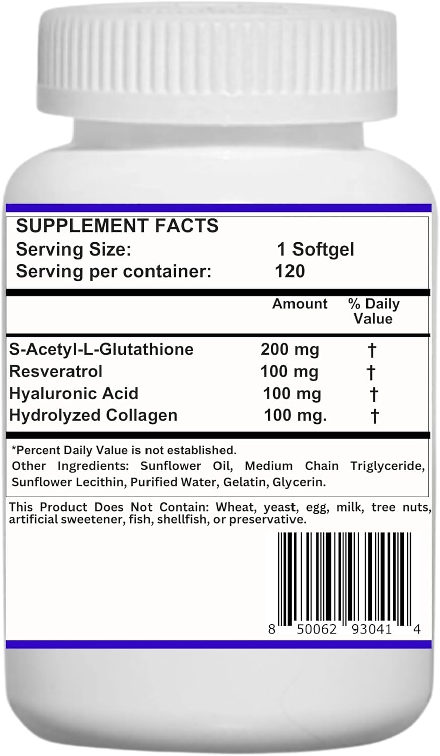 Nikoni Liposomal S-Acetyl L-Glutathione Resveratrol, Hyaluronic Acid & Collagen 500 mg-120 Softgels - Image 2