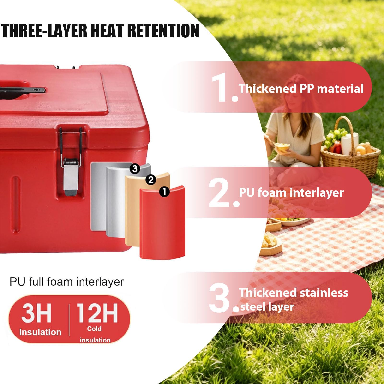 Transportador de Alimentos Isotérmico de 27 Cuartos, Caja Térmica Comercial con 2 Bandejas de Acero Inoxidable de 10 litros, Ideal para Catering, Restaurantes y Uso al Aire Libre 3Gird